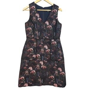 Ann Taylor Floral Detail Metallic Jacquard Sleeveless Classy Dress Navy‎ Size 4